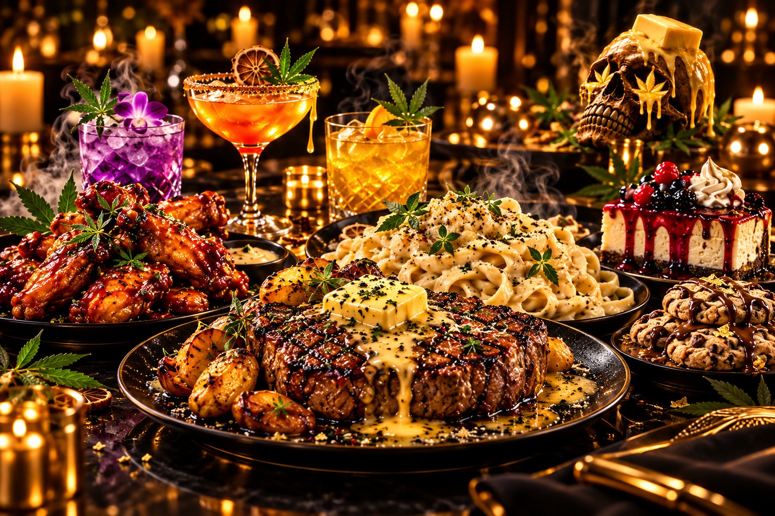 Candlelit five-course culinary spread with cocktails, glazed wings, steak, creamy pasta, cheesecake and cookies