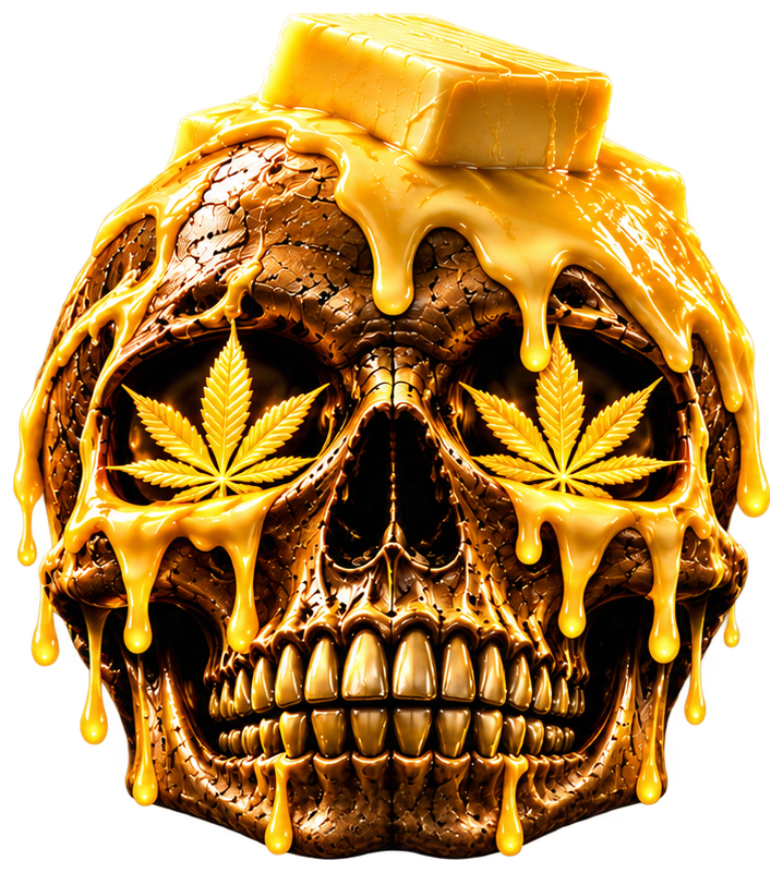 Skull with golden cannabis leaf eyes and dripping butter
